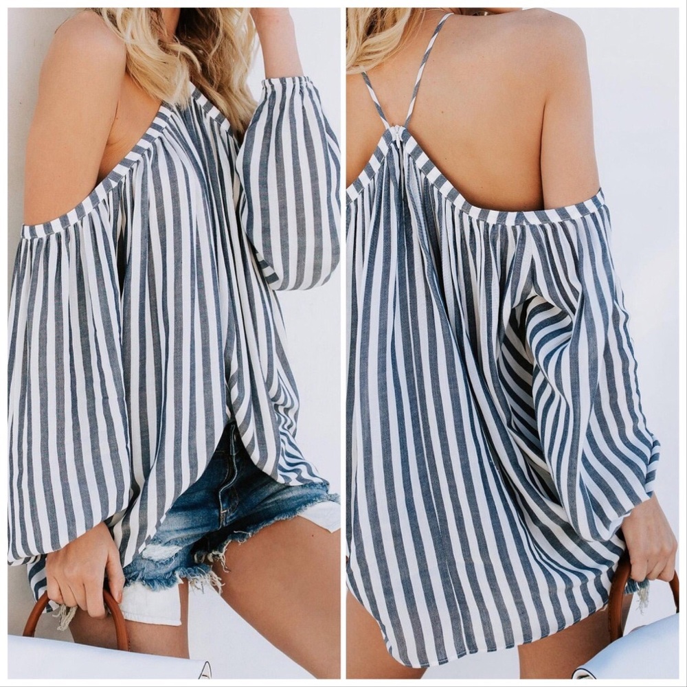 5⭐️ /SERENITY/ Cold Shoulder Striped Blouse Top - Picture 7 of 9